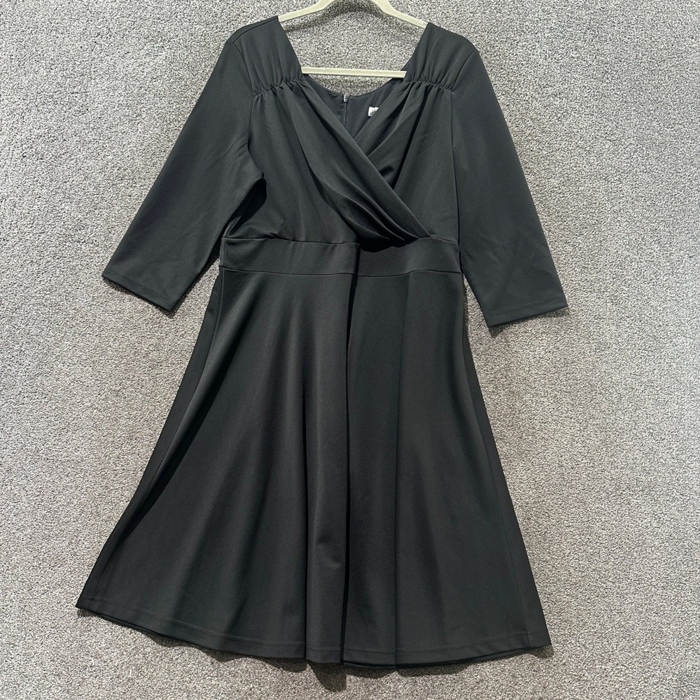 Grace Karin Black Faux Wrap Fit & Flare Dress 3/4 Sleeve XL Knee Length LBD